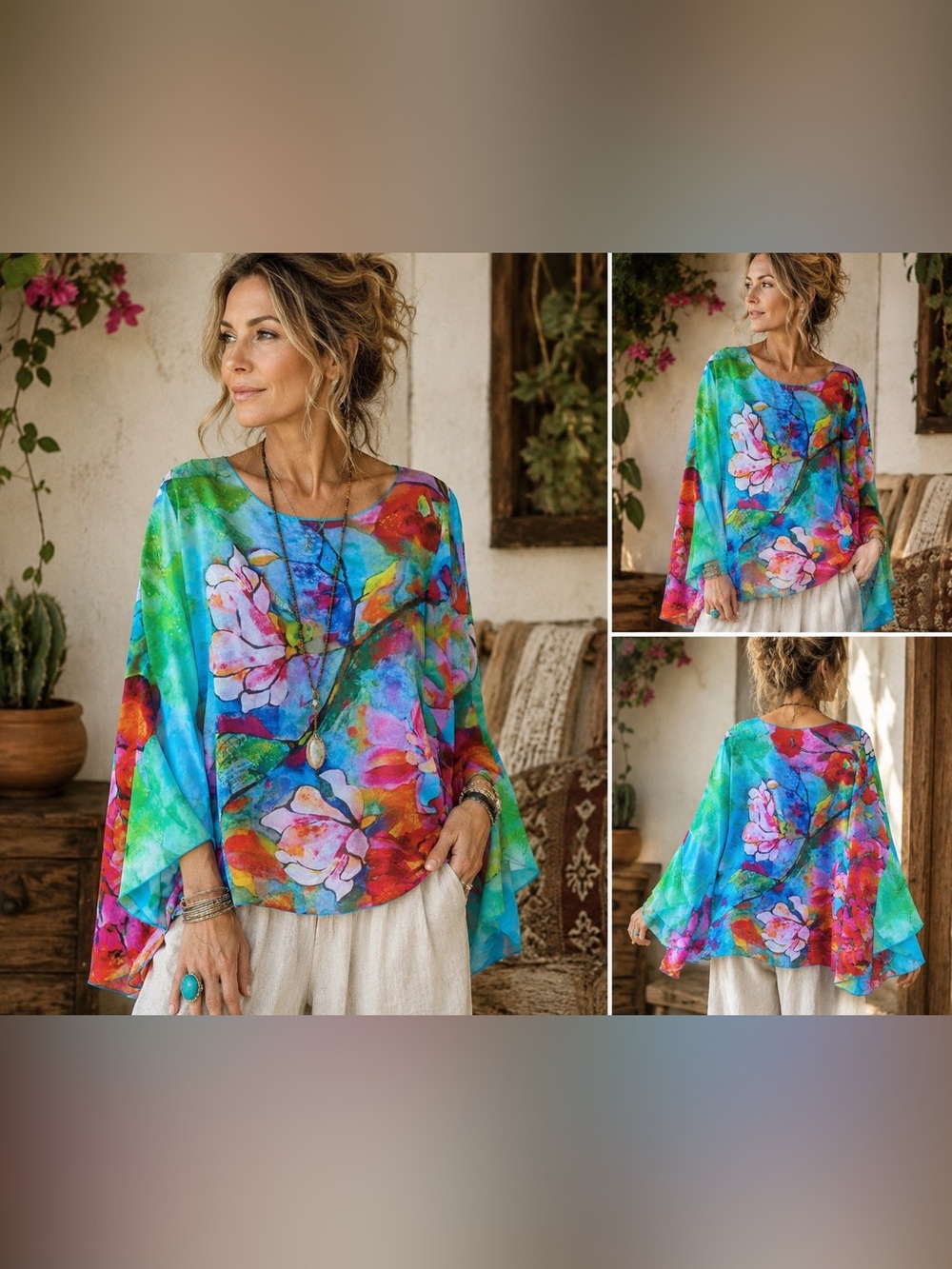 NorthStyle Women's Vibrant Floral Watercolor Tunic - Blue, Green, Pink, Red